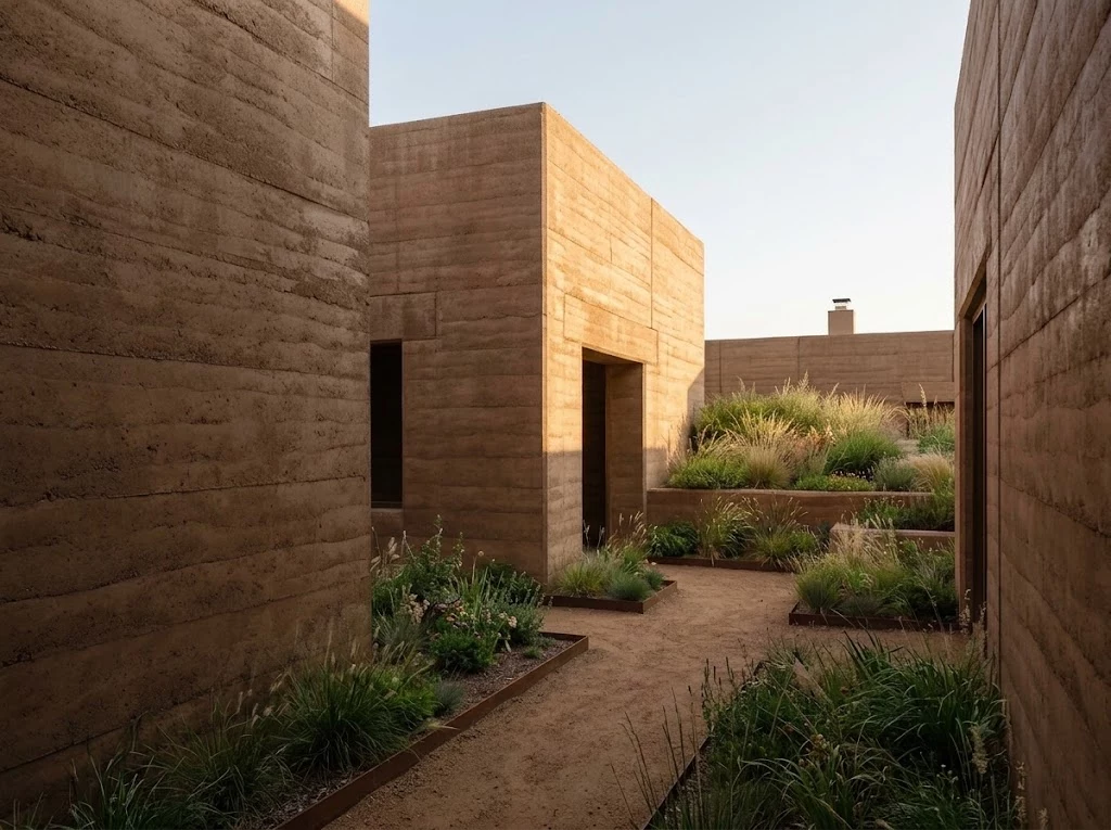 Rammed earth rooms surrounding a planted courtyard