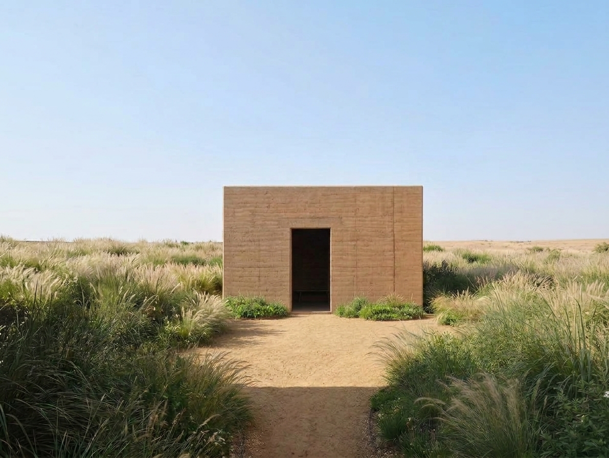 Earthen shelter surrounded by dry grassland