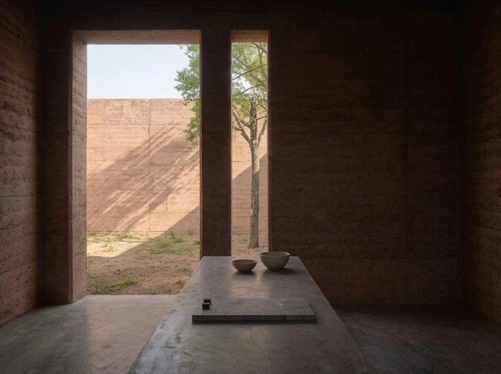A stone table in a dark earthen room opening onto a small courtyard