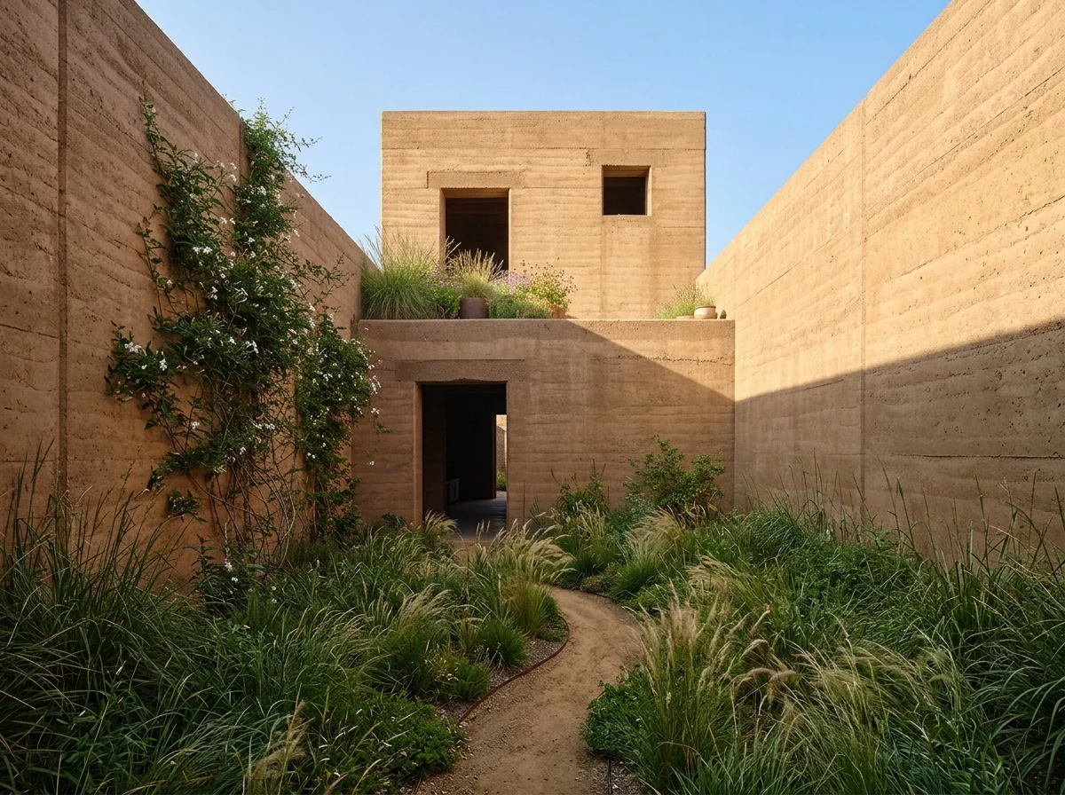 A narrow grass court leading toward a two-story earthen room
